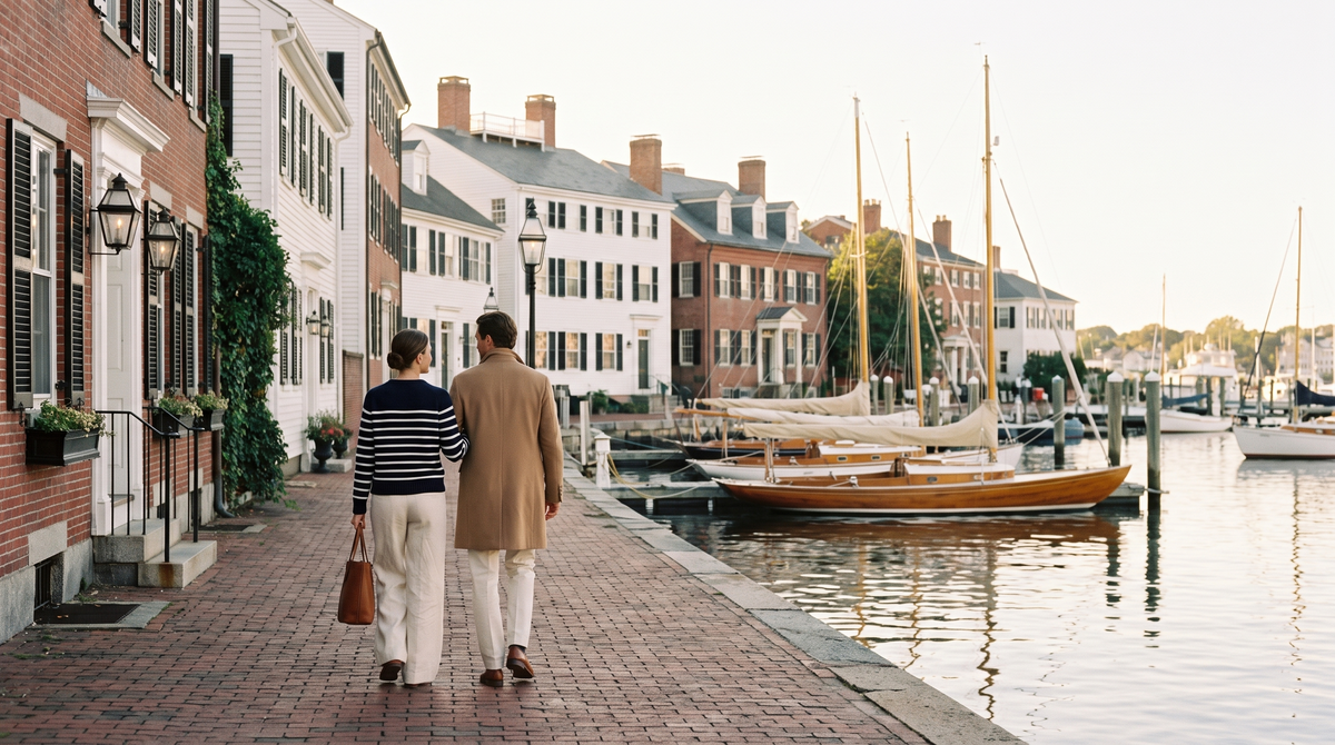 Historic harbor town street with classic sailboats