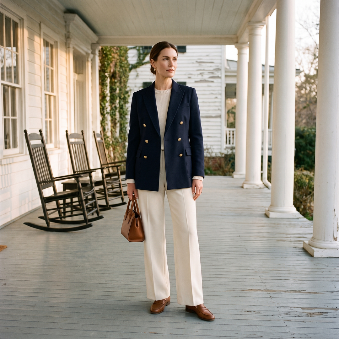 Woman in a navy blazer on the porch of a Southern inn